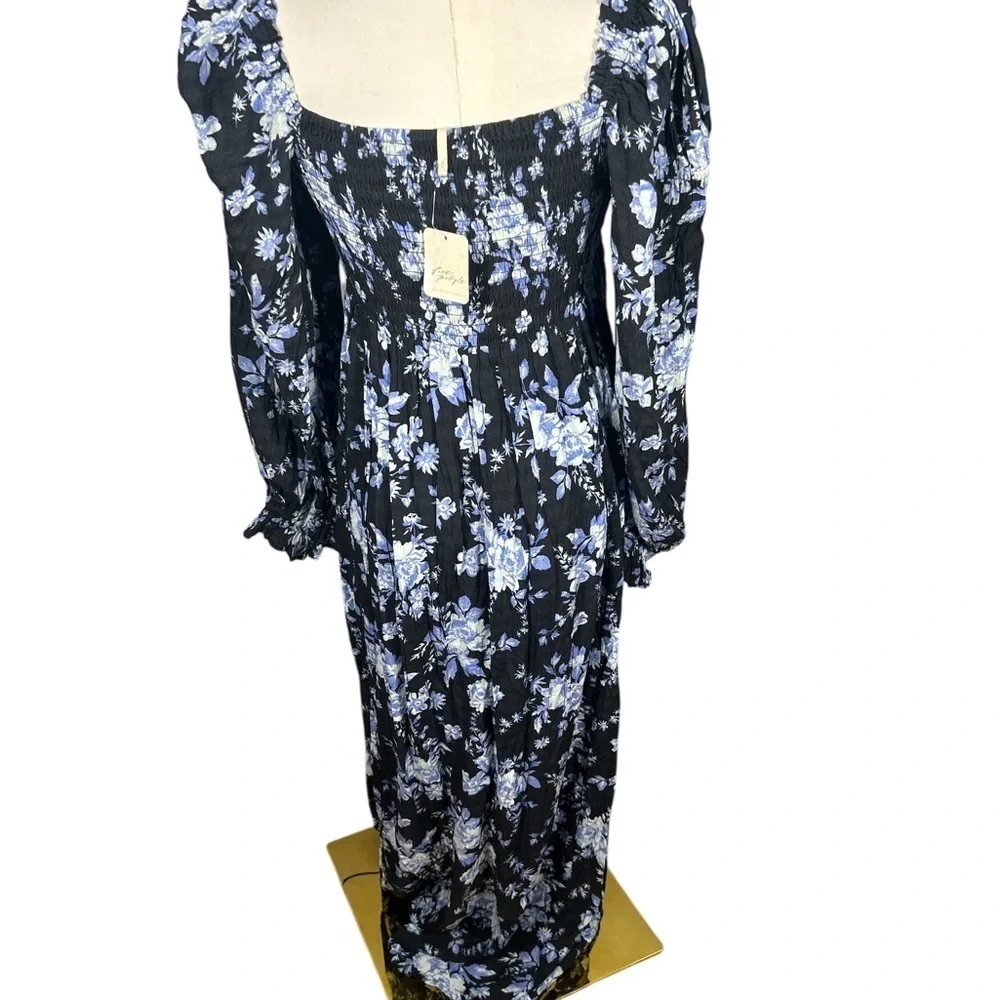 NWT Free People Jaymes Dress Black Blue Floral Smocked Long Sleeve Maxi Boho